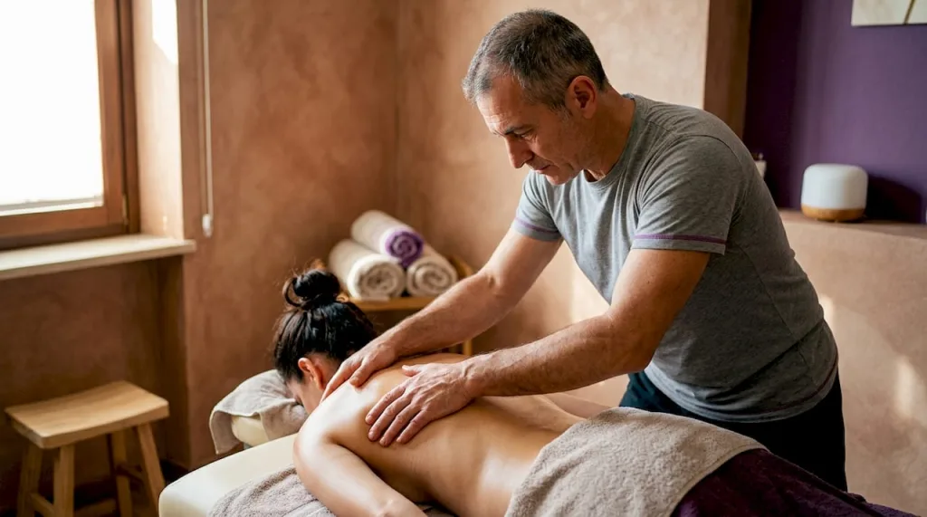 Un massaggiatore professionista esegue un massaggio profondo in studio, dedicandosi al benessere muscolare del cliente in un ambiente rilassante e confortevole.