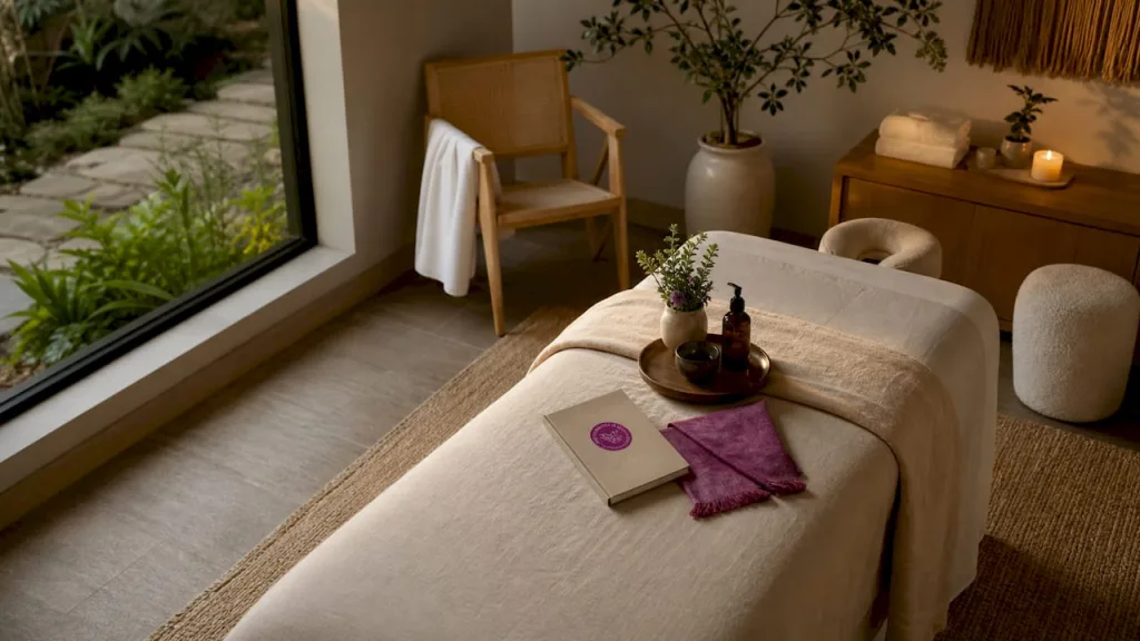 Lettino per massaggi all’interno di uno studio luminoso e accogliente