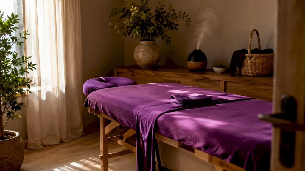 Ambiente intimo e rilassante: una sala massaggi accogliente, con tavolo pronto all’uso e luce soffusa che crea un’atmosfera calda.